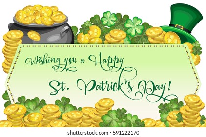 Vector horizontal banner on a holiday St. Patrick's Day. Cauldron with coins, leprechaun hat and a stack of coins mzlotyh surrounded quatrefoils on a white background.