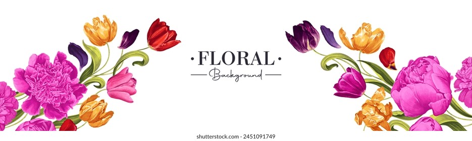 Vector horizontal banner on a light background with pink peonies and multicolored tulip flowers. Spring botanical design for social media banners, advertising, cosmetic, spa, perfume packaging design.