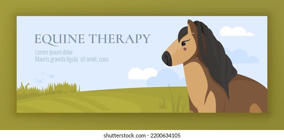 Banner horizontal vector con un caballo lindo en el campo. Terapia equina. Viajando por aficionados. El concepto de granja. Animales preciosos en el fondo verde del prado con hierba fresca y brillante. Diseño artístico de volante.