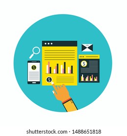 Vector horizontal banner Pay Per Click concept. Hand makes a click on a computer advertising and the other gets to monetize profit in flat style on green-blue background