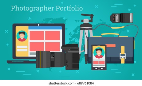 Vector horizontal banner of personal photo portfolio. Photographic equipment, camera, tripod, flash, bag, computer and smart phone in flat style