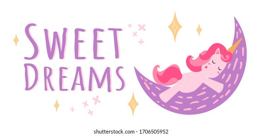 Pancarta horizontal vectorial de unicornio rosa lindo durmiendo en una nube y tex Sweet dream. Impresión de postales, reserva de recortes, diseño de impresión, artículos para ratones. Imágenes prediseñadas aisladas en fondo blanco.