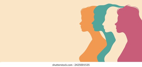 Vector horizontal banner place for text with Women's Day silhouettes of women in different colors. Concept of the movement for gender equality and women's empowerment