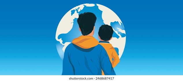 Vector horizontal banner place for text with the image of a father and son on a background of the blue sky and planet Earth. Happy Father's Day greeting card, for poster, cover, banner and social medi