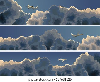 Vector horizontal banner of plane among clouds at dusk (twilight).