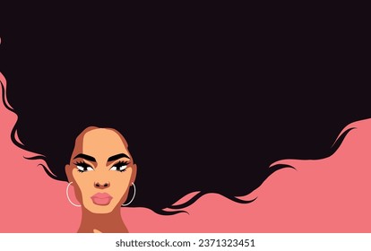 Vector horizontal banner poster Beautiful woman. Portrait of a woman with a beautiful face and hair. pink hair background. Feminism. Concept of the movement for gender equality and women's empowerment