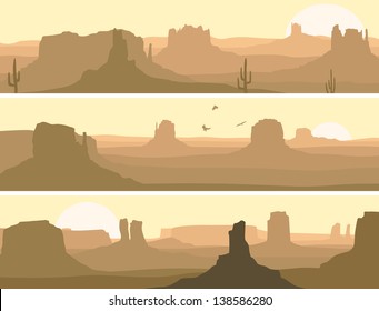 Vector horizontal banner: prairie wild west with cacti and birds of prey.