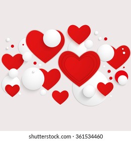 Vector horizontal banner with red hearts and 3d balls. Abstract background for Valentines party poster design. Template of invitation, flyer, poster or greeting card. 