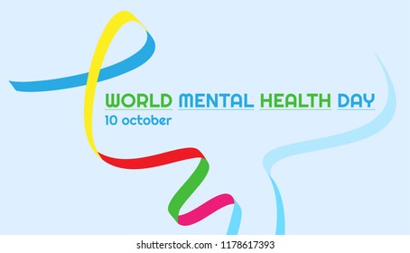 Vector horizontal banner with ribbon on World Mental Health Day on a pale blue background.