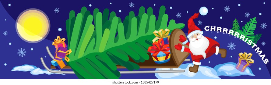 Vector horizontal banner. Santa Claus is pushing a sleigh with big  christmas tree. Inscription Christmas on right