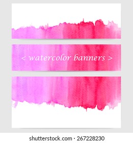 Vector horizontal banner set of 3 sizes. Grunge watercolor background in purple and pink with spare room for text. 