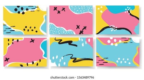 Vector horizontal banner set memphis colorful style. Modern design background. For social media mobile apps. Bright promo backgrounds with abstract hand drawn elements.