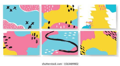 Vector horizontal banner set memphis colorful style. Modern design background. For social media mobile apps. Bright promo backgrounds with abstract hand drawn elements.