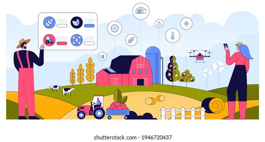 Vector horizontal banner of Smart farming. Modern farm, agricultural machinery, solar panels. Farmer runs farm on data gathering panel, drones. Crop and livestock production. Character illustration