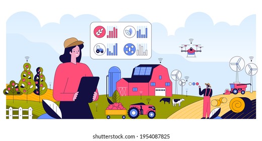 Vector horizontal banner of Smart farming concept. Modern farm with wind turbines, solar panels. Farmers runs farm on tablet using data, drones. Crop and livestock production. Character illustration