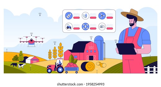 Vector horizontal banner of Smart farming concept. Modern farm with agricultural machinery. Farmer runs farm on tablet using data, wireless drones. Planting and gardening. Character illustration 