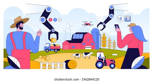 Vector horizontal banner of Smart farming. Modern farm with robotic hands, agricultural machinery, green energy. Farmer runs farm on mobile app. Crop and livestock production. Character illustration
