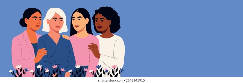 Vector horizontal banner with space for text for women's day, women of different cultures and nationalities standing together, showing support. Movements for gender equality and women's empowerment
