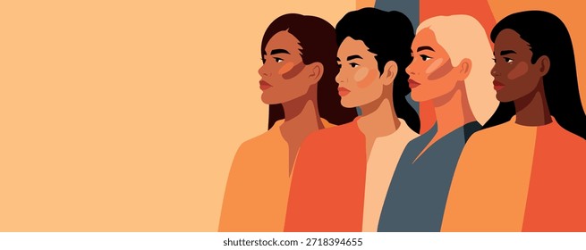 Vector horizontal banner with space for text for Women's Day, March 8. Women of different skin colors stand together. Gender equality women's empowerment, feminism, freedom, unity. For social projects