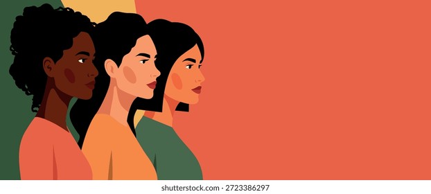 Anuncio Horizontal de Vector con espacio para texto para el Día de la Mujer, 8 de marzo. Mujeres de diferentes nacionalidades y culturas juntas. Diversidad, igualdad de género y empoderamiento de las mujeres