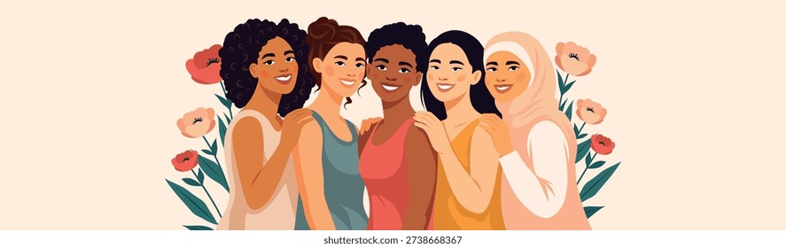 Vector horizontal banner with space for text for Women's Day, March 8, Equality Day. Women of different nationalities, cultures together, smiling, hugging on background of flowers. Unity, empowerment
