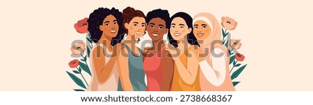 Vector horizontal banner with space for text for Women's Day, March 8, Equality Day. Women of different nationalities, cultures together, smiling, hugging on background of flowers. Unity, empowerment