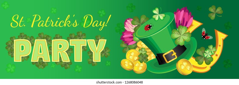 Vector horizontal banner to the St. Patricks Day party. Composition of a Leprechaun hat, gold coins and horseshoes surrounded by flowers of clover and trefoils with quatrefoils.