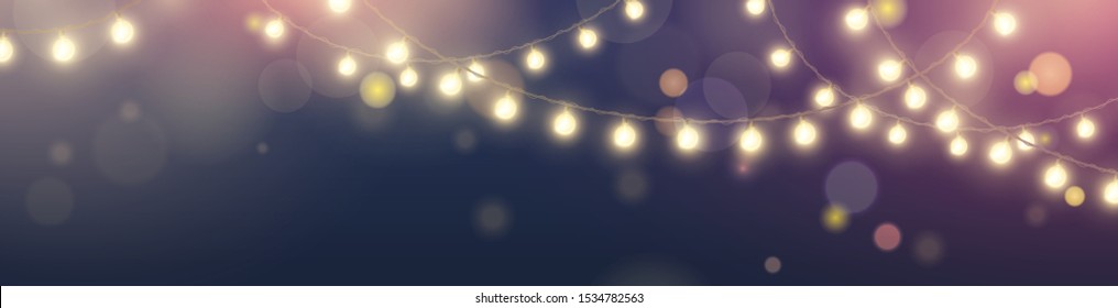 Vector horizontal banner with string of realistic hanging yellow lights garlands on dark blue background with effect bokeh. Festive shiny glowing bulbs for design of website headers and holiday flyers