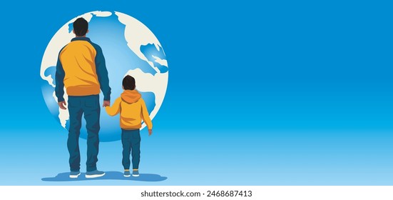 Vector horizontal banner stylish bright illustration of father and son standing back to face against the background of the blue sky and planet Earth. Father's Day greeting card