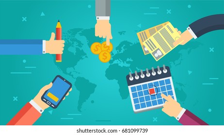 Vector horizontal banner of successful cooperation. Hands holding smart phone, calendar, pencil, money and documents in flat style on green blue background