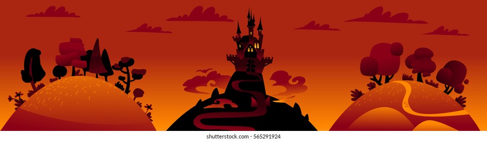 Vector horizontal banner with sunset and fairy tale castle