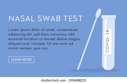 Vector Horizontal Banner Template for Nasal Swab Laboratory Analysis with place for text. Covid-19 PCR test. Swab and tube Coronavirus testing. Illustration in flat style.