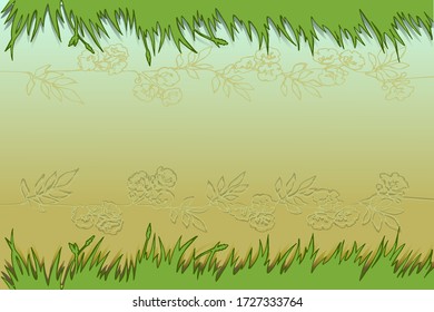 Vector horizontal banner template with paper cut grass frame and flowers silhouettes against green-yellow background. Seasonal botanical wallpaper.