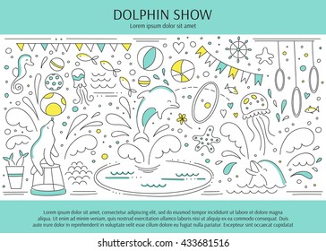 Vector horizontal banner template suitable for oceanarium or dolphinarium. Doodle dolphin show background. For posters, cards, brochures, souvenirs, invitations, website designs.