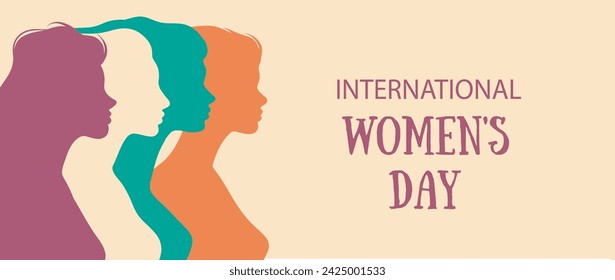 Vector horizontal banner with text Happy Women's Day silhouettes of women in different colors. Concept of the movement for gender equality and women's empowerment