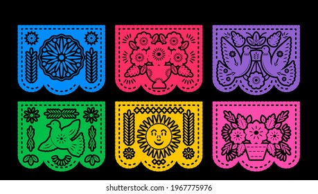 Vector horizontal banner with traditional Mexican flags for paper cutting. Various patterns. vector illustration. set Isolated on black background.