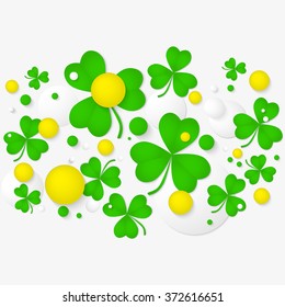 Vector horizontal banner with trefoil and 3d balls. Abstract background for St. Patrick's day party poster design. Template of invitation, flyer, poster or greeting card. 