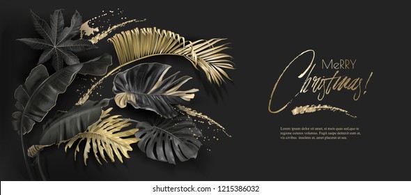 Vector Horizontal Banner With Tropical Leaves And Gold Splashes On Dark Background. Exotic Botanical Design For Christmas Greeting Card, Party Invitation, Holiday Sales, Poster, Web Page, Packaging