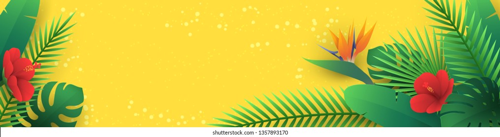Vector horizontal banner with tropical leaves and flowers in paper cut style (hibiscus, strelitzia, palm, banana leaf, monstera) on yellow background. Origami exotic floral decor for travel newsletter