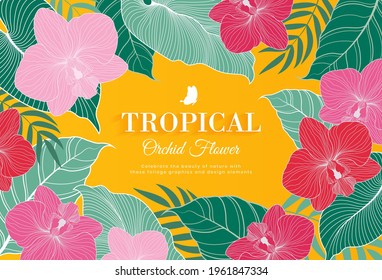 Vector horizontal banner tropical leaves and flowers on yellow background. Exotic botanical design for cosmetics, spa, perfume, health care products, aroma, wedding invitation, poster