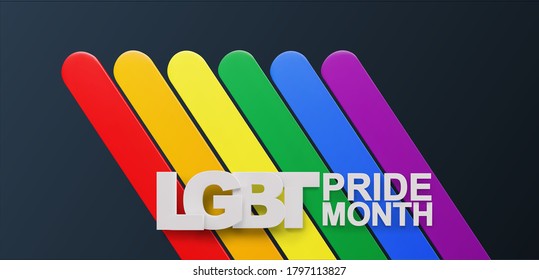 Banner horizontal vector con texto volumétrico Mes del Orgullo LGBT . Transexual lesbiana gay-bisexual. El concepto de amor arcoiris con la bandera LGBT en el fondo oscuro. Celebrados derechos humanos anuales 
