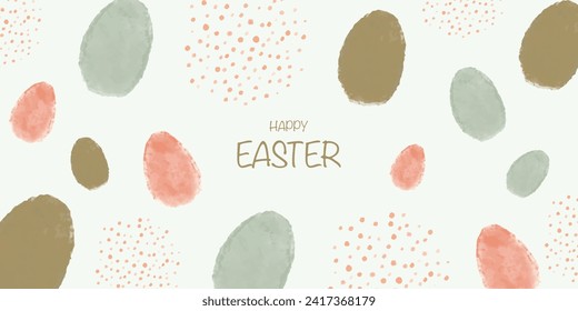 Vector horizontal banner with watercolor eggs and the inscription Happy Easter. Happy Easter banner. Easter card for your design. Vector EPS 10