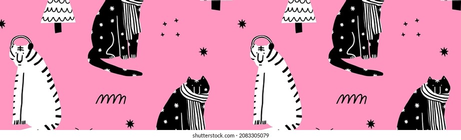 vector horizontal banner for website - black and white tigers on a pink background. Border for the celebration of the holidays with the symbol of the year. Website design template