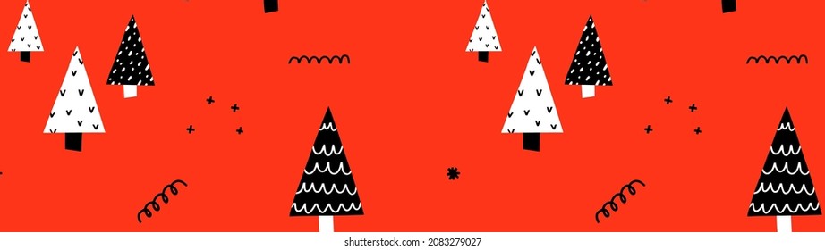 vector horizontal banner for website - Christmas black and white trees on red background. Scandinavian style border for the new year. Website design template