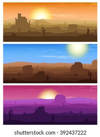 Vector horizontal banner: wild west with cactus in desert. Vector illustration.