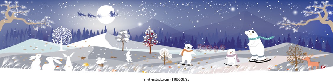 Vector horizontal banner of winter wonderland with cute polar bear family playing and rabbits looking at Santa sleigh with reindeer flying over full moon,Panorama landscapes of forest winter at night 