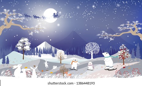 Pancarta horizontal vectorial de la tierra de las maravillas del invierno con la adorable familia de osos polares jugando y conejos mirando a Santa sleigh con renos volando sobre la luna llena, paisajes Panorama de invierno de los bosques por la noche 