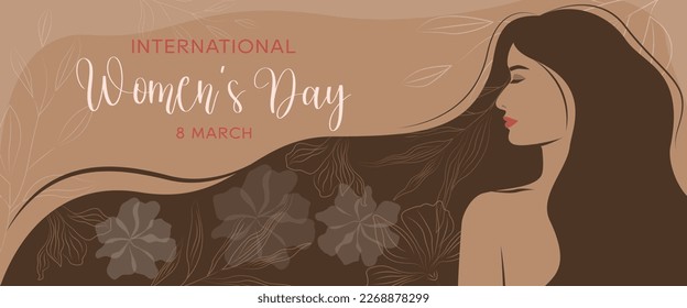 Pancarta horizontal vectorial con una mujer con el pelo flotante sobre un fondo marrón con flores. Ilustración de felicitación por el Día Internacional de la Mujer.