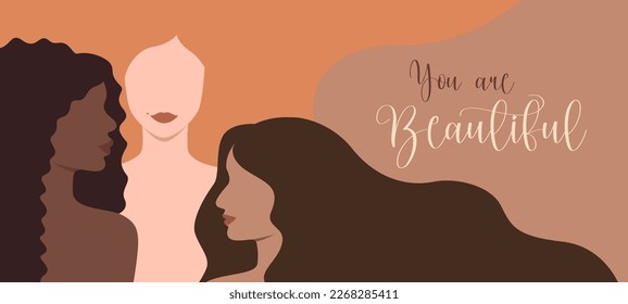
Vector horizontal banner with women of different skin colors and different hair colors on a black background. Illustration for international women's day.