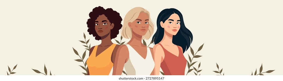 Banner horizontal vetorial de mulheres de diferentes culturas, nacionalidades lado a lado. Unidade, diversidade e empoderamento das mulheres. Um lugar para texto em cartões postais para o Dia da Mulher, 8 de março